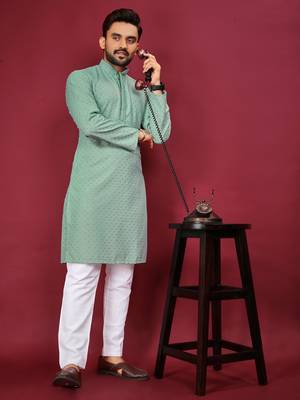 Sea Green Heavy Embroidery Work With Fabric Cotton Rayon Mens Ethnic wear Kurta Pajama Set  1