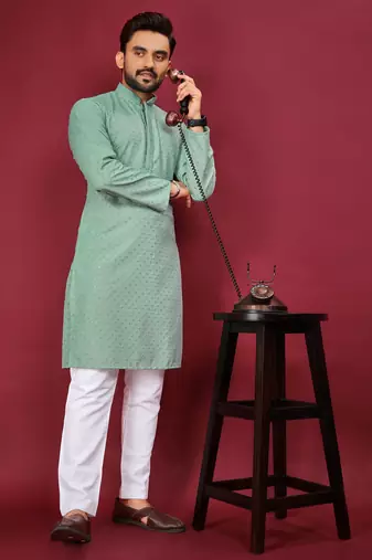 Sea Green Heavy Embroidery Work With Fabric Cotton Rayon Mens Ethnic wear Kurta Pajama Set 