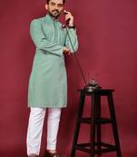 Sea Green Heavy Embroidery Work With Fabric Cotton Rayon Mens Ethnic wear Kurta Pajama Set 