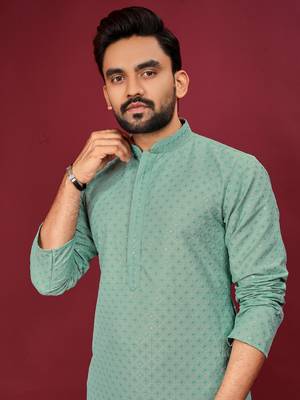 Sea Green Heavy Embroidery Work With Fabric Cotton Rayon Mens Ethnic wear Kurta Pajama Set  2