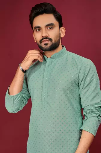 Sea Green Heavy Embroidery Work With Fabric Cotton Rayon Mens Ethnic wear Kurta Pajama Set 