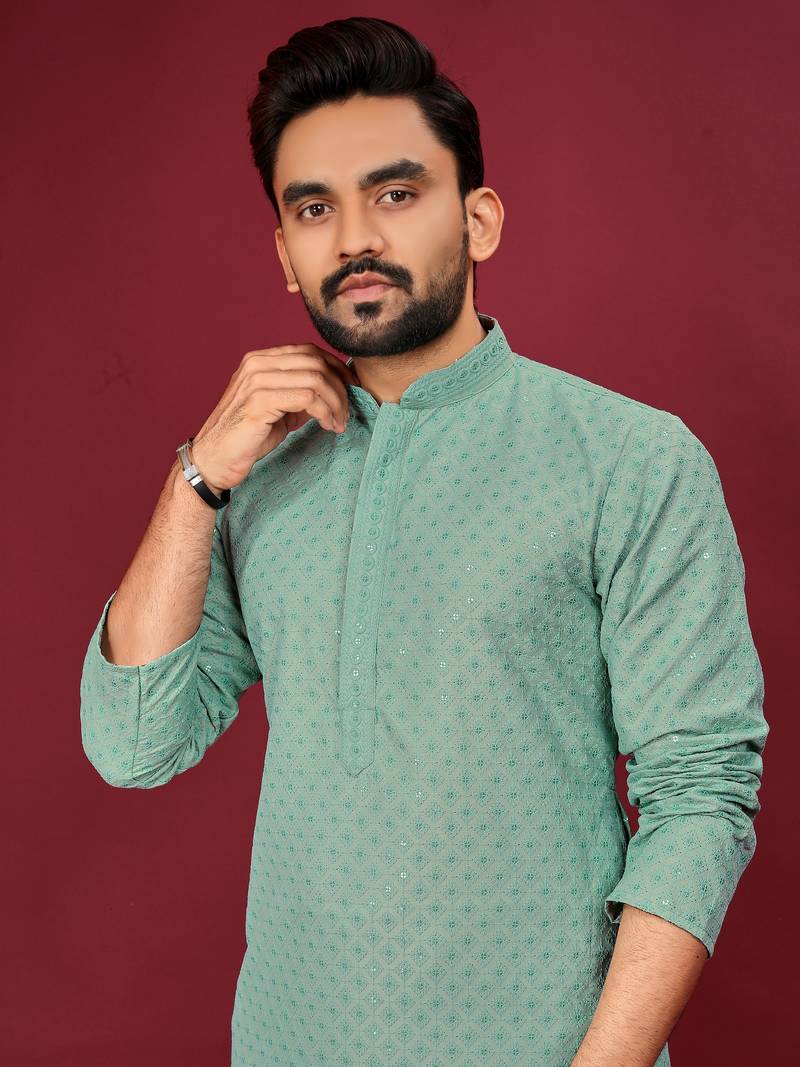Sea Green Heavy Embroidery Work With Fabric Cotton Rayon Mens Ethnic wear Kurta Pajama Set 