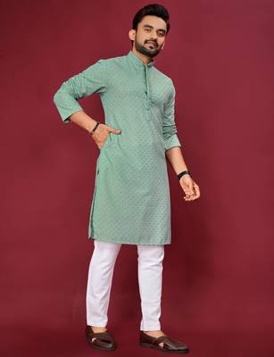 Sea Green Heavy Embroidery Work With Fabric Cotton Rayon Mens Ethnic wear Kurta Pajama Set  3