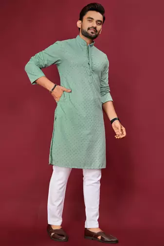 Sea Green Heavy Embroidery Work With Fabric Cotton Rayon Mens Ethnic wear Kurta Pajama Set 