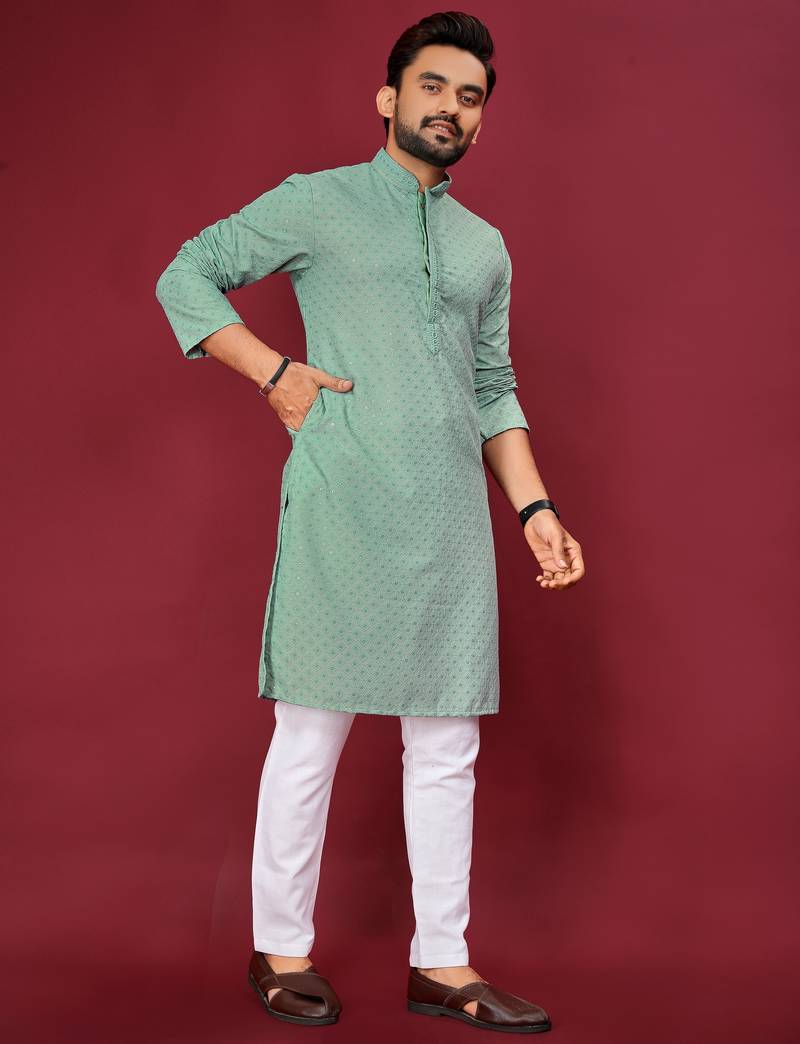 Sea Green Heavy Embroidery Work With Fabric Cotton Rayon Mens Ethnic wear Kurta Pajama Set 
