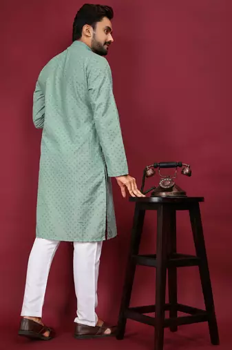 Sea Green Heavy Embroidery Work With Fabric Cotton Rayon Mens Ethnic wear Kurta Pajama Set 