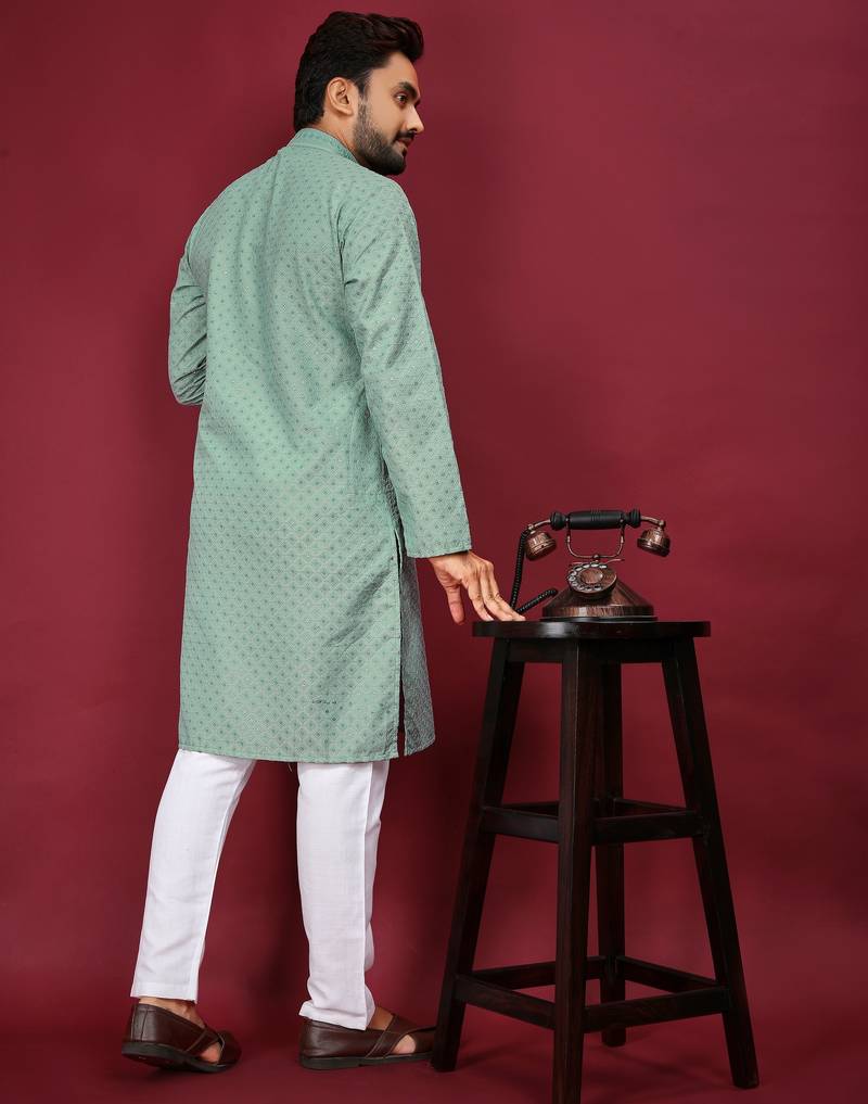 Sea Green Heavy Embroidery Work With Fabric Cotton Rayon Mens Ethnic wear Kurta Pajama Set 