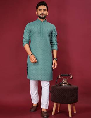 Teal Green Heavy Embroidery Work With Fabric Cotton Rayon Mens Ethnic wear Kurta Pajama Set  1