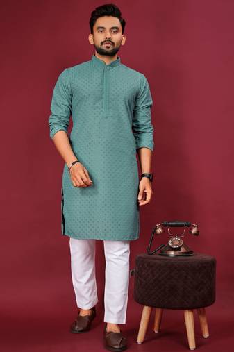 Teal Green Heavy Embroidery Work With Fabric Cotton Rayon Mens Ethnic wear Kurta Pajama Set 