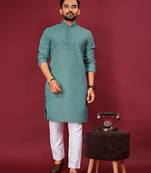 Teal Green Heavy Embroidery Work With Fabric Cotton Rayon Mens Ethnic wear Kurta Pajama Set 