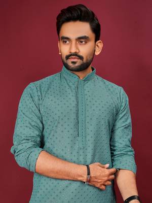 Teal Green Heavy Embroidery Work With Fabric Cotton Rayon Mens Ethnic wear Kurta Pajama Set  2