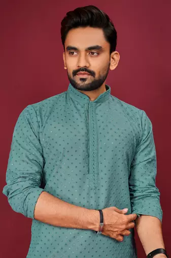 Teal Green Heavy Embroidery Work With Fabric Cotton Rayon Mens Ethnic wear Kurta Pajama Set 