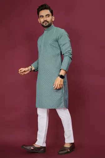 Teal Green Heavy Embroidery Work With Fabric Cotton Rayon Mens Ethnic wear Kurta Pajama Set 