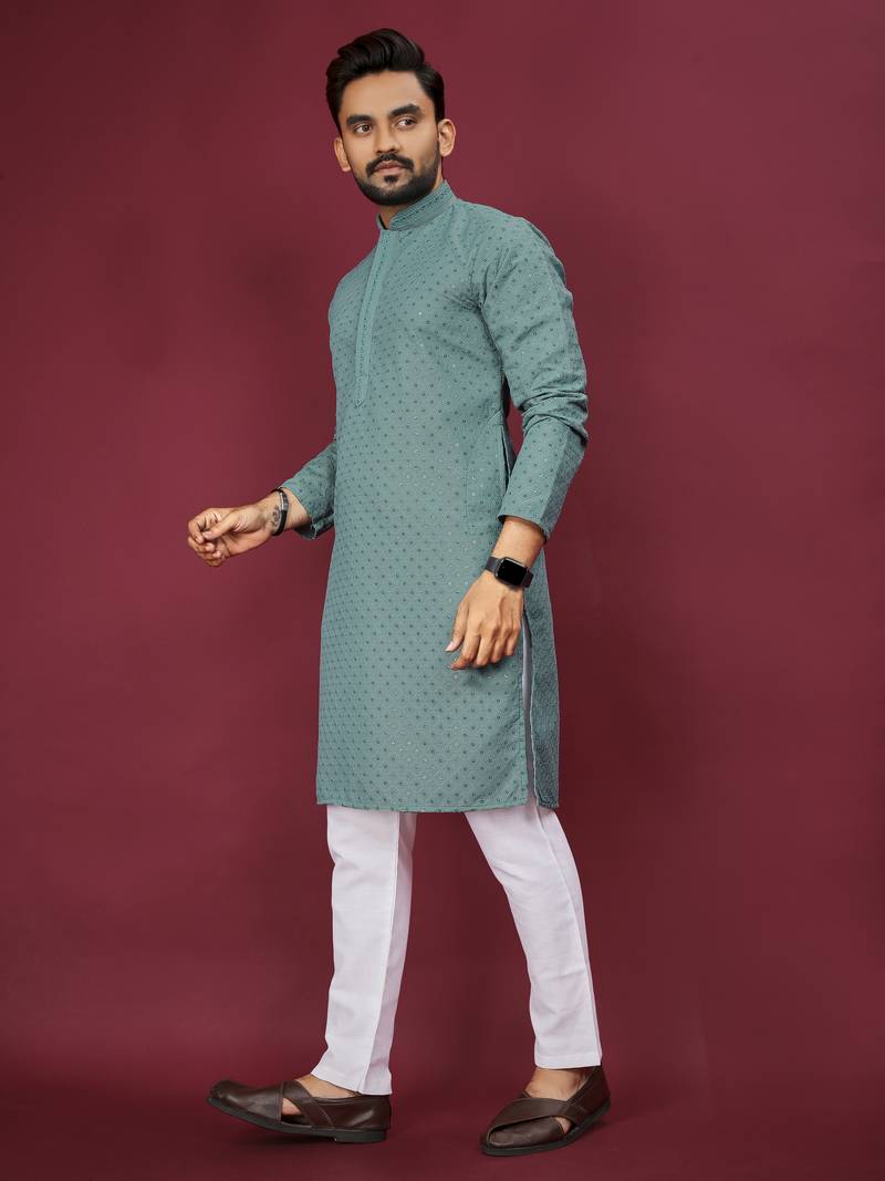 Teal Green Heavy Embroidery Work With Fabric Cotton Rayon Mens Ethnic wear Kurta Pajama Set 