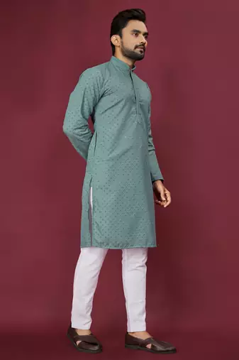 Teal Green Heavy Embroidery Work With Fabric Cotton Rayon Mens Ethnic wear Kurta Pajama Set 