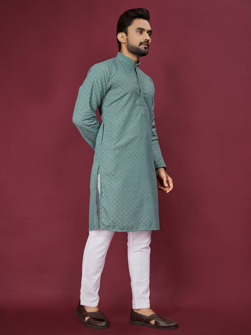 Teal Green Heavy Embroidery Work With Fabric Cotton Rayon Mens Ethnic wear Kurta Pajama Set 