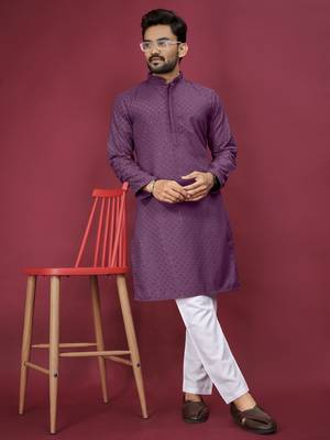 Purple Heavy Embroidery Work With Fabric Cotton Rayon Mens Ethnic wear Kurta Pajama Set  1