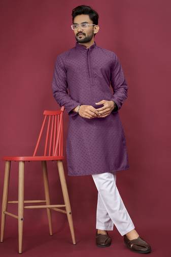 Purple Heavy Embroidery Work With Fabric Cotton Rayon Mens Ethnic wear Kurta Pajama Set 