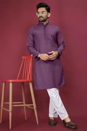 Purple Heavy Embroidery Work With Fabric Cotton Rayon Mens Ethnic wear Kurta Pajama Set 