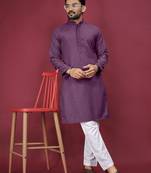Purple Heavy Embroidery Work With Fabric Cotton Rayon Mens Ethnic wear Kurta Pajama Set 