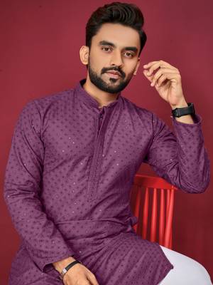 Purple Heavy Embroidery Work With Fabric Cotton Rayon Mens Ethnic wear Kurta Pajama Set  2