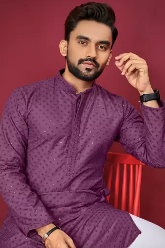 Purple Heavy Embroidery Work With Fabric Cotton Rayon Mens Ethnic wear Kurta Pajama Set 