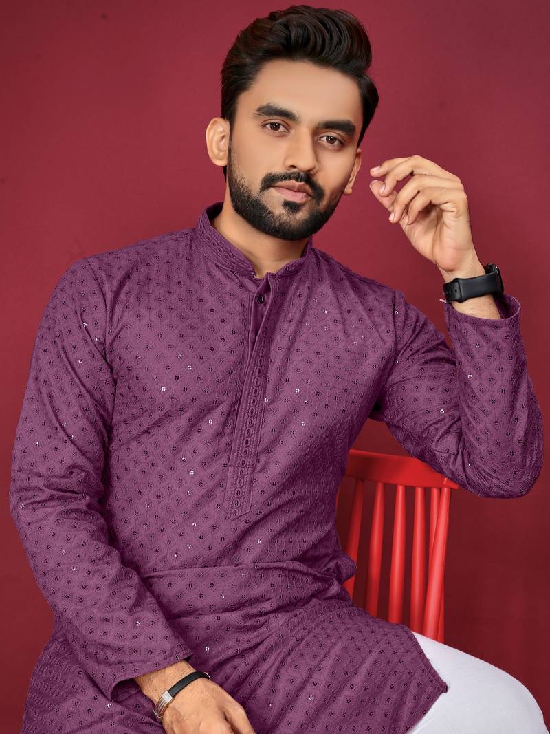 Purple Heavy Embroidery Work With Fabric Cotton Rayon Mens Ethnic wear Kurta Pajama Set 