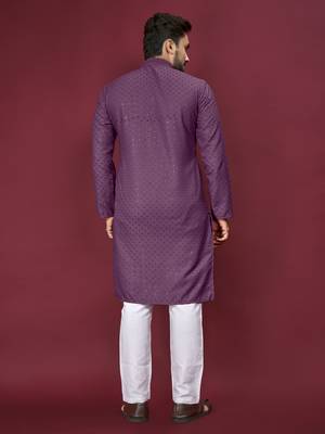 Purple Heavy Embroidery Work With Fabric Cotton Rayon Mens Ethnic wear Kurta Pajama Set  4