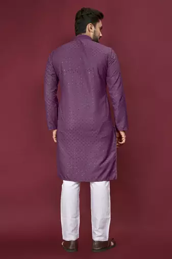Purple Heavy Embroidery Work With Fabric Cotton Rayon Mens Ethnic wear Kurta Pajama Set 