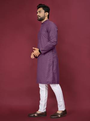 Purple Heavy Embroidery Work With Fabric Cotton Rayon Mens Ethnic wear Kurta Pajama Set  5