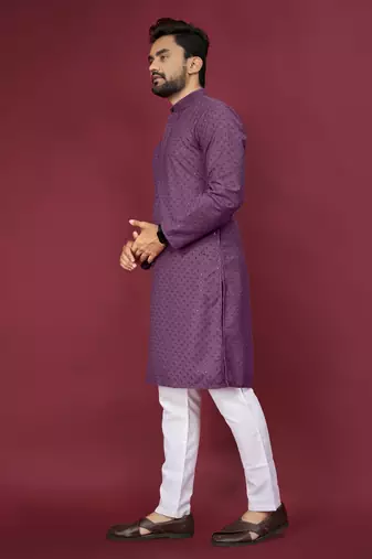 Purple Heavy Embroidery Work With Fabric Cotton Rayon Mens Ethnic wear Kurta Pajama Set 