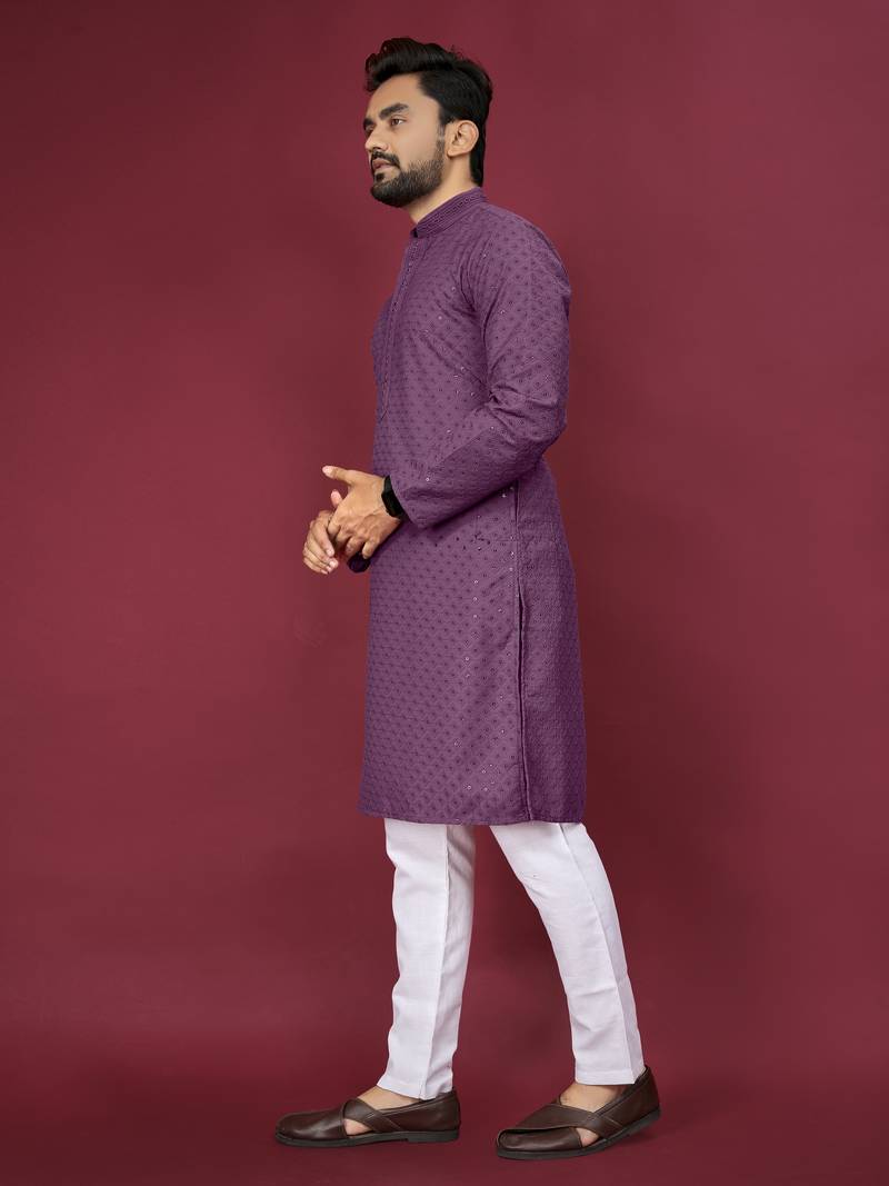 Purple Heavy Embroidery Work With Fabric Cotton Rayon Mens Ethnic wear Kurta Pajama Set 