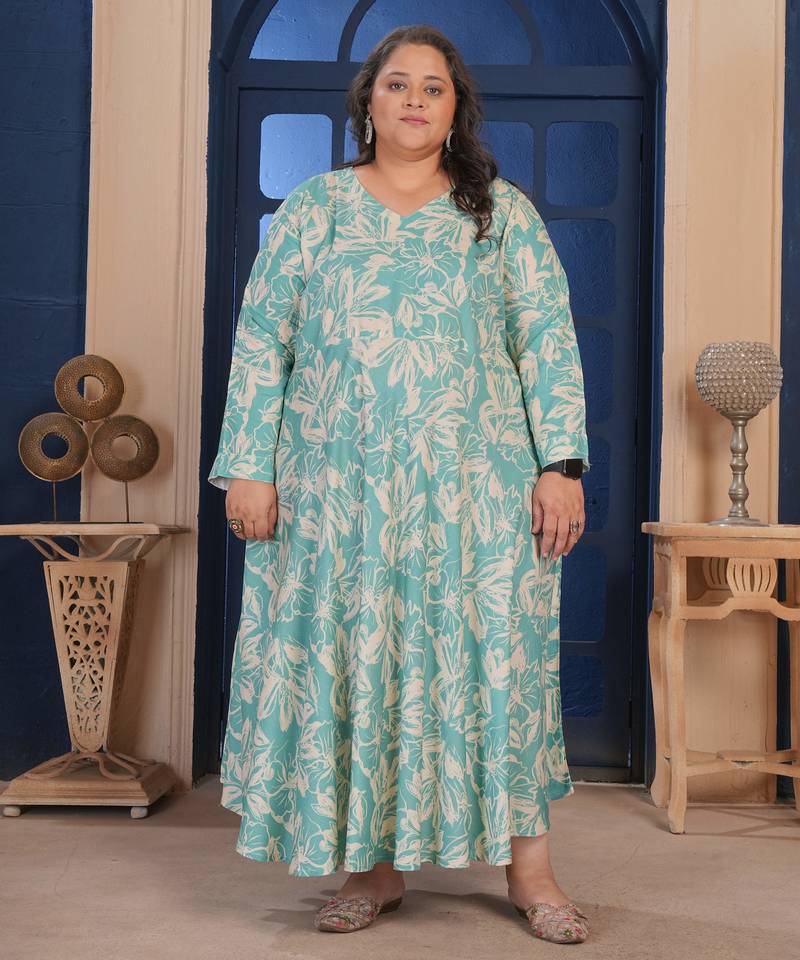 Sky blue floral printed rayon kurti for women