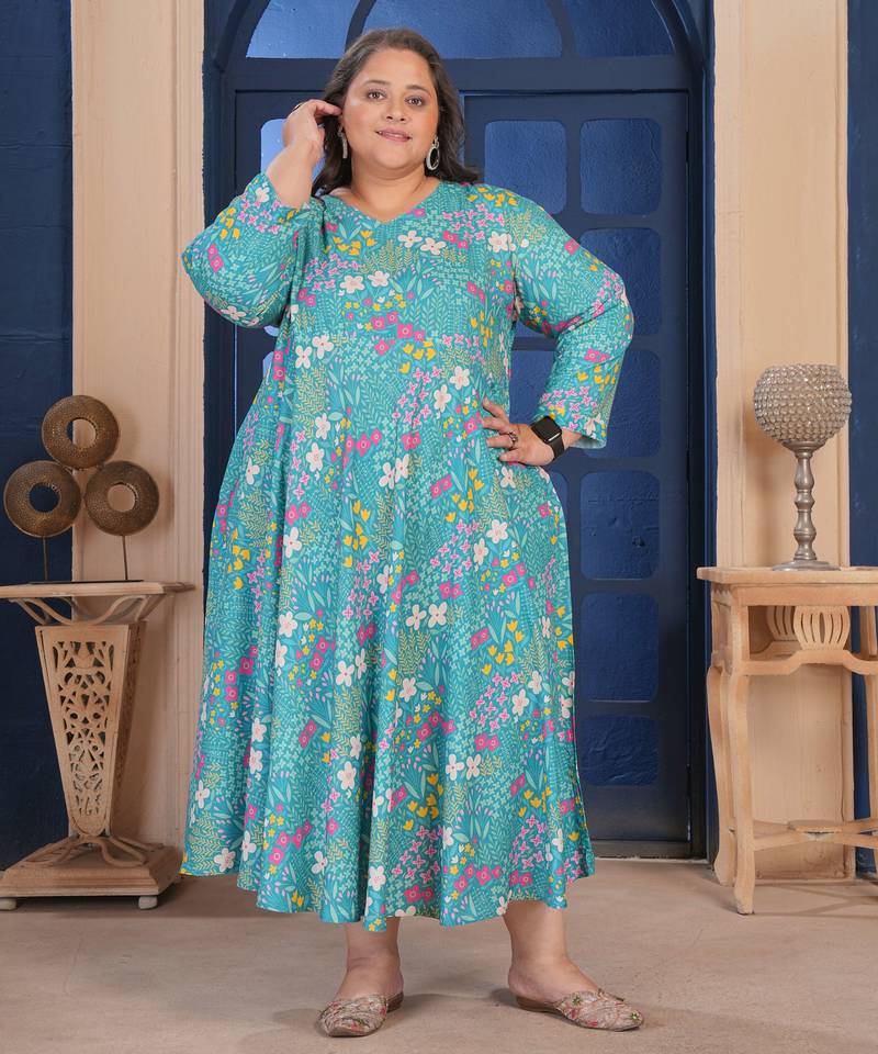 Blue floral printed rayon kurti for women