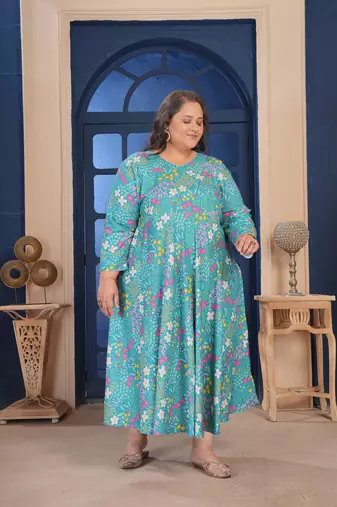 Blue floral printed rayon kurti for women