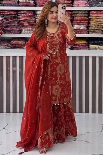 Maroon front & back embroidery work faux georgette kurti with dupatta and palazzo