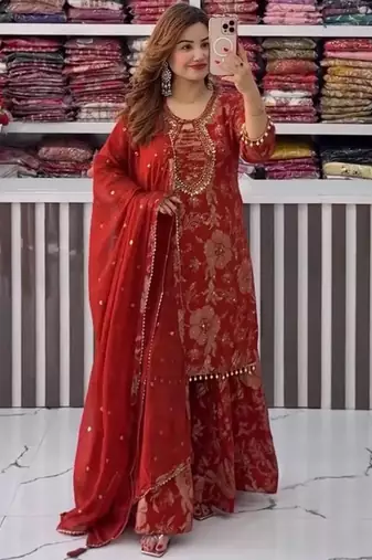 Maroon front & back embroidery work faux georgette kurti with dupatta and palazzo