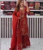 Maroon front & back embroidery work faux georgette kurti with dupatta and palazzo