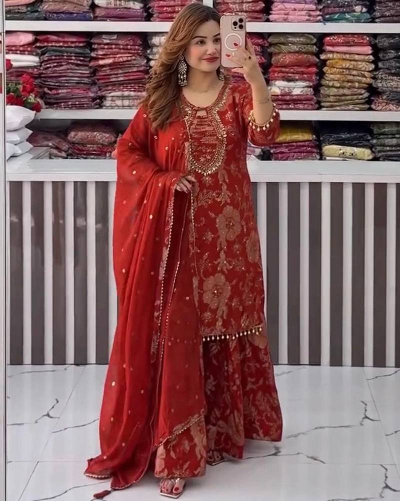 Maroon front & back embroidery work faux georgette kurti with dupatta and palazzo
