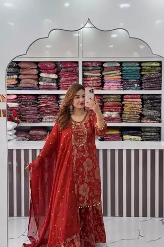 Maroon front & back embroidery work faux georgette kurti with dupatta and palazzo