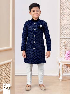 Blue & black heavy velvet indo-western set with all-over computer embroidery, thread work & fancy buttons 1