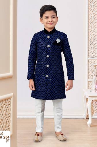 Blue & black heavy velvet indo-western set with all-over computer embroidery, thread work & fancy buttons