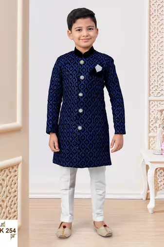 Blue & black heavy velvet indo-western set with all-over computer embroidery, thread work & fancy buttons