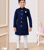 Blue & black heavy velvet indo-western set with all-over computer embroidery, thread work & fancy buttons