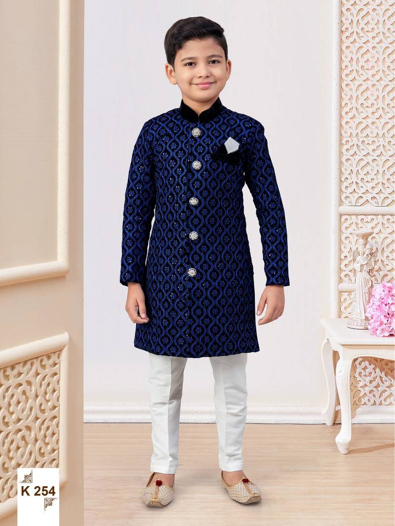 Blue & black heavy velvet indo-western set with all-over computer embroidery, thread work & fancy buttons