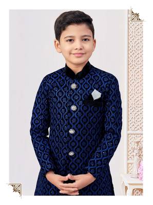 Blue & black heavy velvet indo-western set with all-over computer embroidery, thread work & fancy buttons 2