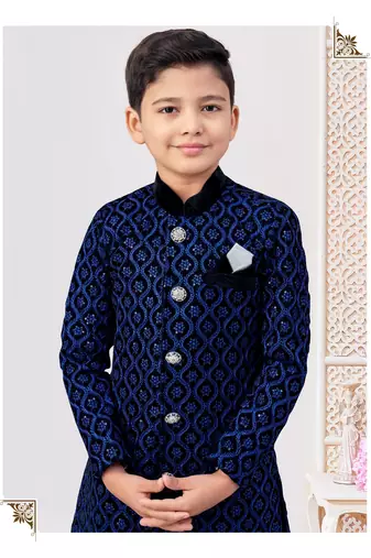 Blue & black heavy velvet indo-western set with all-over computer embroidery, thread work & fancy buttons