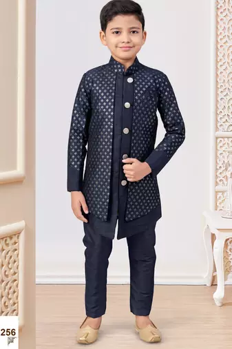 Blue jacket attached indo-western  set with computer stone work, lace & fancy buttons