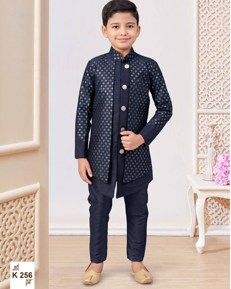 Blue jacket attached indo-western  set with computer stone work, lace & fancy buttons