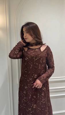 Coffee embroidery work with sequins faux georgette kurti with dupatta and palazzo 2
